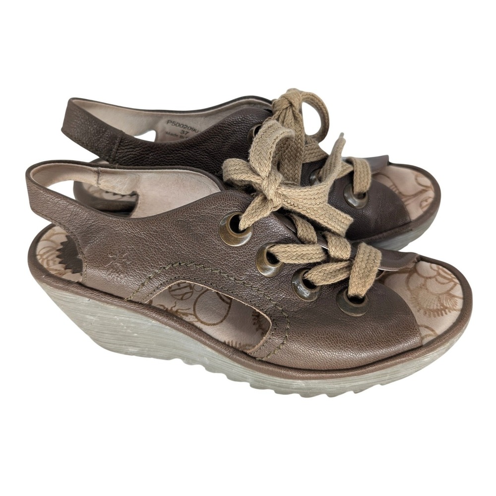 Fly London Ylfa Wedge Sandals 37 Brown Leather Lace Up Platform Boho Minimalist